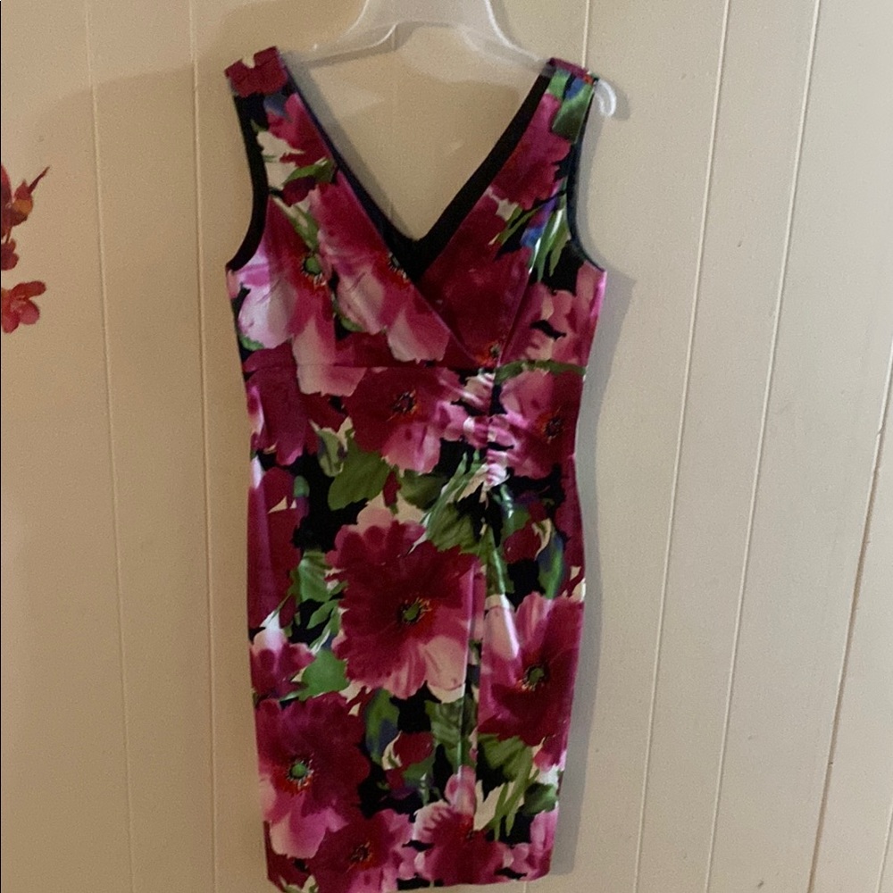 Donna Ricco Pink and Green Sheath Mini Dress V-Neck Sleeveless